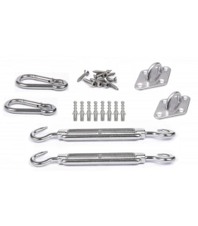 Kit fixation voile d’ombrage inox 2 points – tendeurs, mousquetons, pontets, vis et chevilles