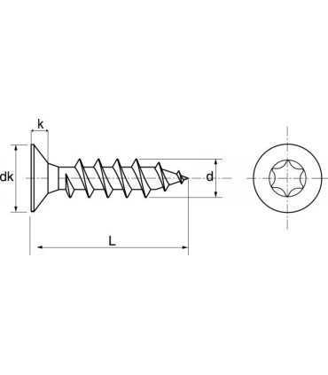 Schéma technique vis à bois tête fraisée Torx inox, dimensions et caractéristiques détaillées.