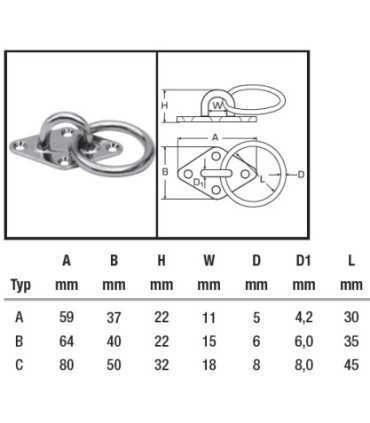 Pontet sur platine losange avec anneau inox A2
