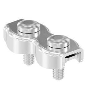 Vue inclinée trois quarts du serre-câble double inox A4 montrant la double platine de serrage.