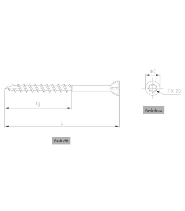 Schéma technique vis terrasse inox avec dimensions, diamètre, longueur et filetage partiel.