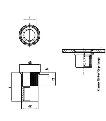 Écrou à sertir inox A2 tête fraisée M5 M6 M8 | Filetage métal fin